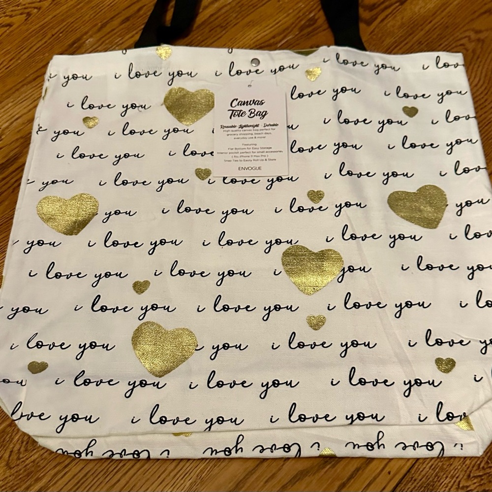 New Canvas tote bag love with gold hearts